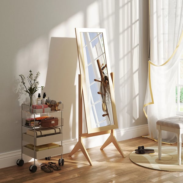 Spegel - Golvspegel/Helspegel - 47×46×148 cm - Fristående med ställ - Tiltbar - Rektangulär ram - Montering krävs - Ek