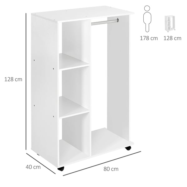 Öppen garderob - Klädställ på hjul - Klädstång och hyllor - 80×40×128 cm - Melamin - Vit