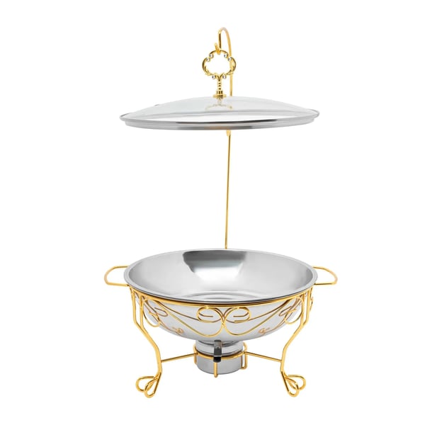 Buffetvarmer - Chafing Dish - Rund - Rustfrit stål - 6 l kapacitet - Klart glaslåg - Brændstofholder - Bæreevne 3,5 kg - Sølv