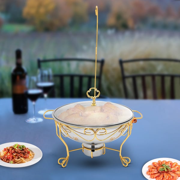 Buffetvarmer - Chafing Dish - Rund - Rustfrit stål - 6 l kapacitet - Klart glaslåg - Brændstofholder - Bæreevne 3,5 kg - Sølv