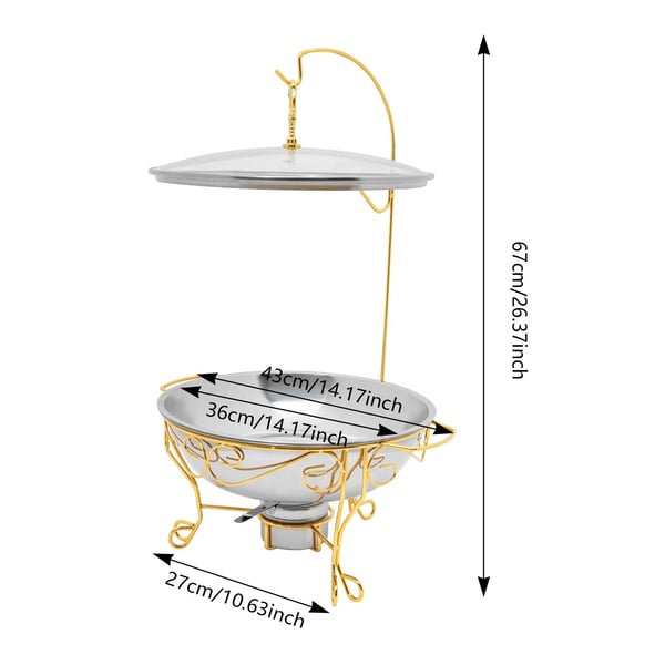 Buffetvarmer - Chafing Dish - Rund - Rustfrit stål - 6 l kapacitet - Klart glaslåg - Brændstofholder - Bæreevne 3,5 kg - Sølv