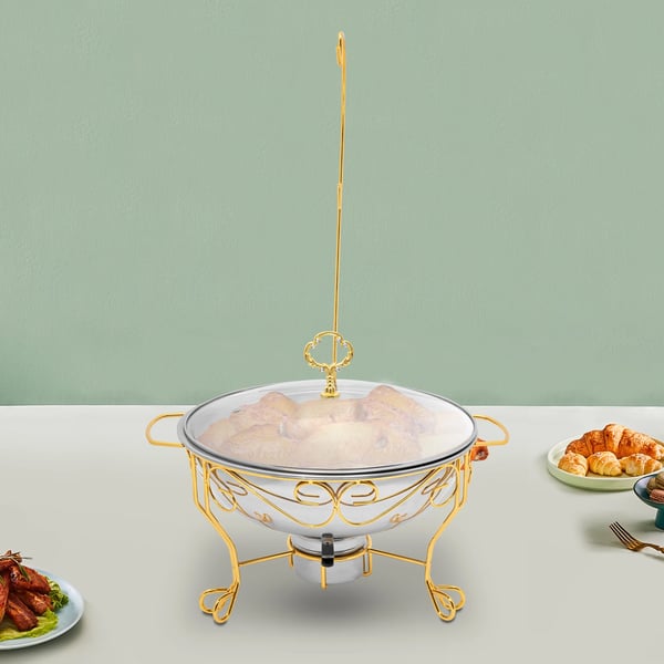 Buffetvarmer - Chafing Dish - Rund - Rustfrit stål - 6 l kapacitet - Klart glaslåg - Brændstofholder - Bæreevne 3,5 kg - Sølv
