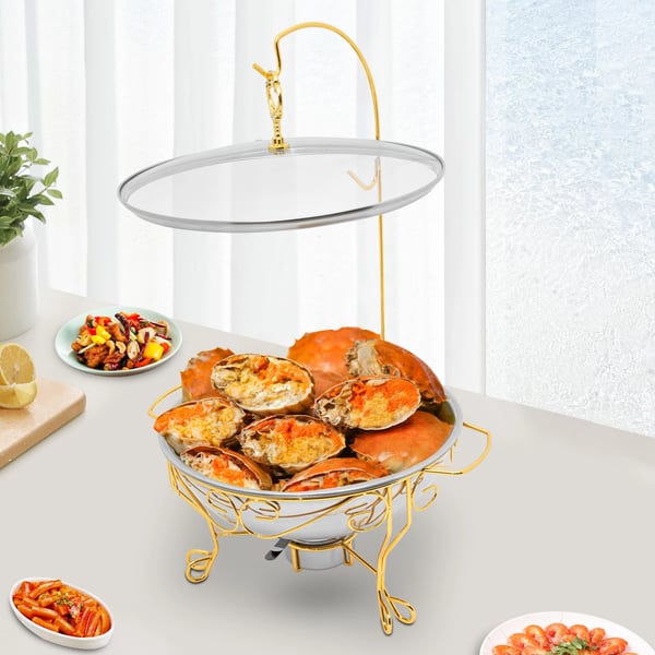 Buffetvarmer - Chafing Dish - Rund - Rustfrit stål - 6 l kapacitet - Klart glaslåg - Brændstofholder - Bæreevne 3,5 kg - Sølv