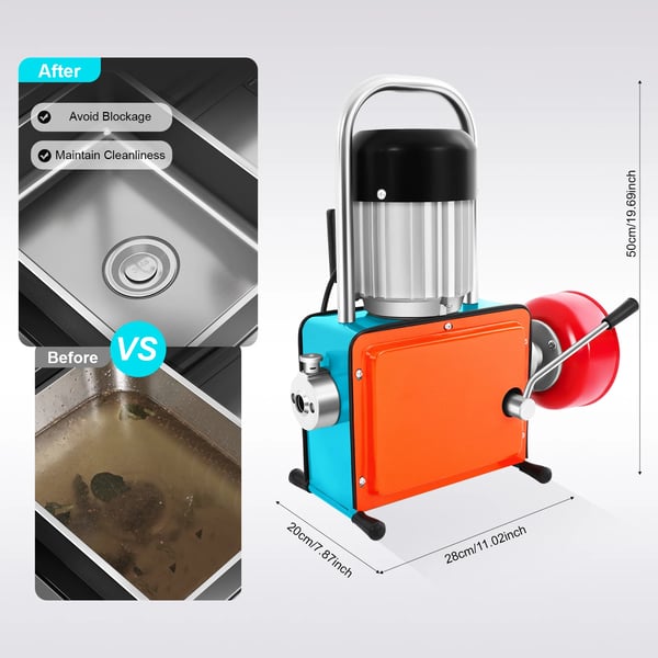 Afløbsrensmaskine - Rør- og kloakrenser - 1000 W - 400 o/min - Ø 20–150 mm - 30 m spiralkabel - Kobbermotor - Jern