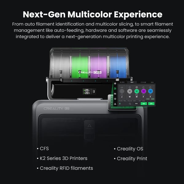 K2 Combo - 3D-printer - Printvolumen 26×26×26 cm - Hastighed op til 600 mm/s - Direktdrevet dual-gear-ekstruder - Touchskærm 10,16 cm - Wi‑Fi - sort