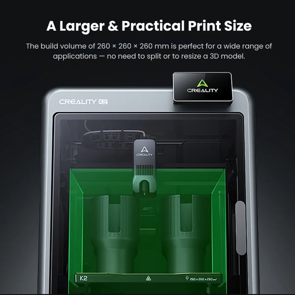 K2 Combo - 3D-printer - Printvolumen 26×26×26 cm - Hastighed op til 600 mm/s - Direktdrevet dual-gear-ekstruder - Touchskærm 10,16 cm - Wi‑Fi - sort