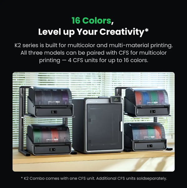 K2 Combo - 3D-printer - Printvolumen 26×26×26 cm - Hastighed op til 600 mm/s - Direktdrevet dual-gear-ekstruder - Touchskærm 10,16 cm - Wi‑Fi - sort