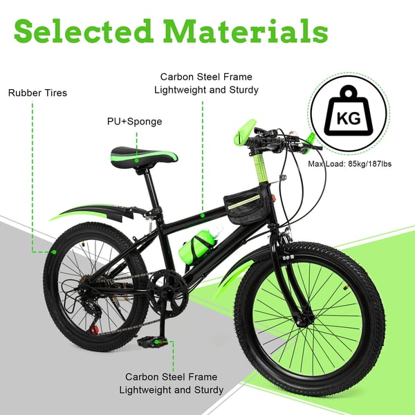 Børnecykel - Mountainbike - 50 cm hjul - 7 gear - Dobbelte skivebremser - Stålramme - Fuld affjedring - Højdejusterbart sæde - Sort