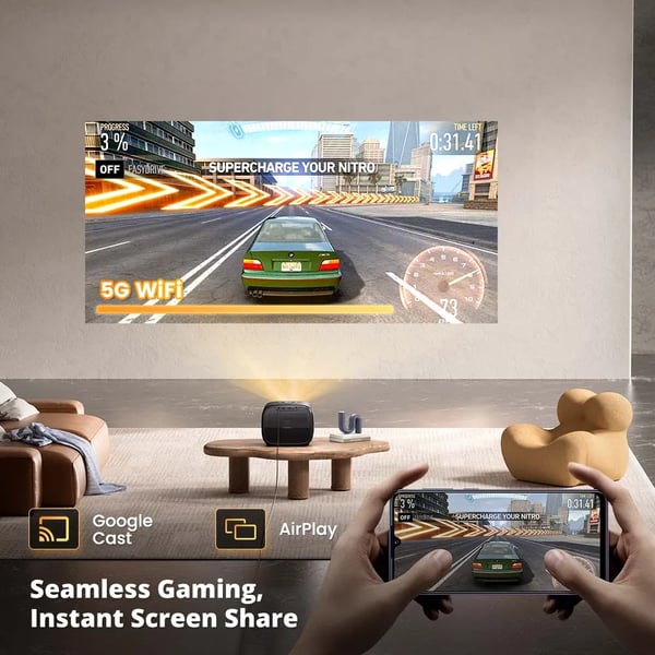 E3 Pro - Älyprojektori - Full HD 1080p - 600 ANSI lumenia - Autotarkennus & trapetsikorjaus - Kaksitaajuus WiFi 2,4/5 GHz - Sisäänrakennettu akku