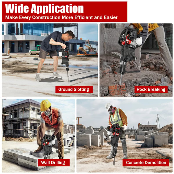 Nedbrydningshammer Jackhammer - Benzindrevet - Totakt 33 cc - Effekt 1000 W - Slag 2300–4000/min - Max 30 mm - Tank 0,9 l - Manuel trækstart - Sort