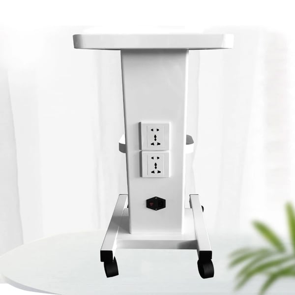 Salonvogn - Rullevogn til skønhed/spa - To stikkontakter - Maks 45 kg - Fire hjul (to med bremse) - Jern - Mål 35,5×33,5×70 cm - Hvid