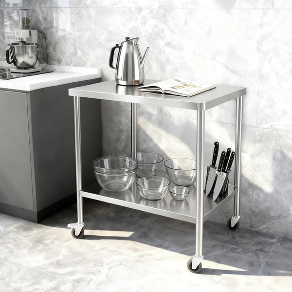 Rustfrit stål arbejdsbord - 2-niveau rullebord - 76×60×85 cm - 300 kg bæreevne - Låsehjul - 5 cm bordplade - Armygrøn