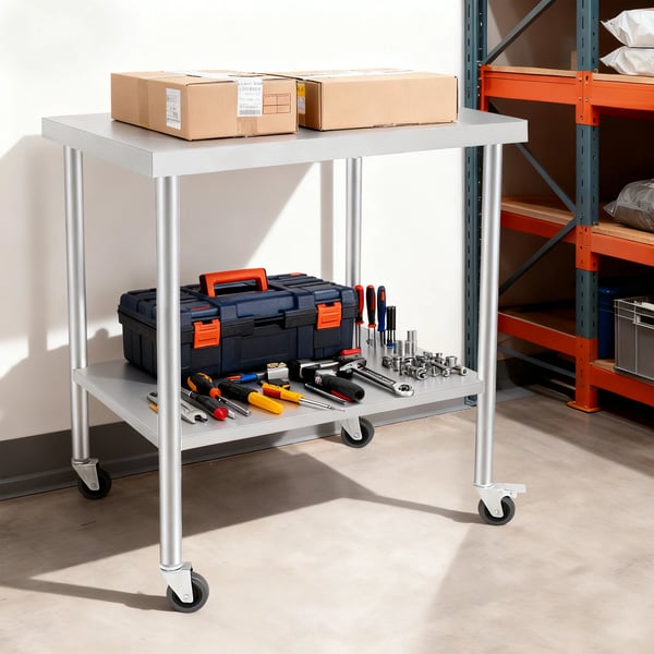 Rustfrit stål arbejdsbord - 2-niveau rullebord - 76×60×85 cm - 300 kg bæreevne - Låsehjul - 5 cm bordplade - Armygrøn