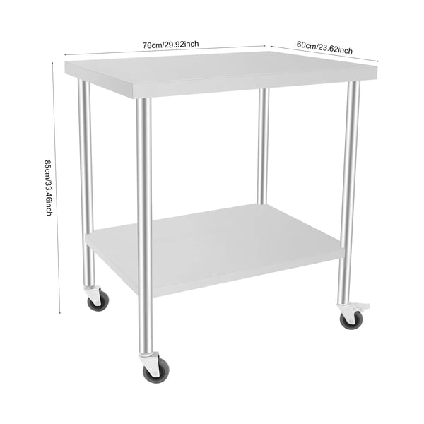 Rustfrit stål arbejdsbord - 2-niveau rullebord - 76×60×85 cm - 300 kg bæreevne - Låsehjul - 5 cm bordplade - Armygrøn