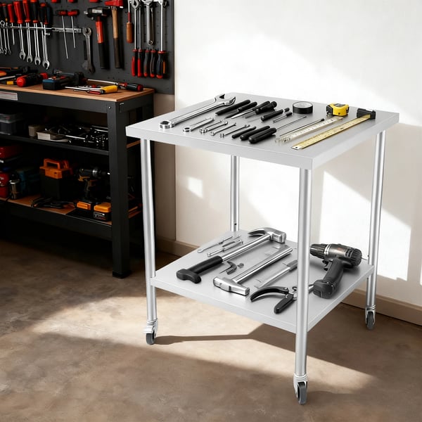Rustfrit stål arbejdsbord - 2-niveau rullebord - 76×60×85 cm - 300 kg bæreevne - Låsehjul - 5 cm bordplade - Armygrøn
