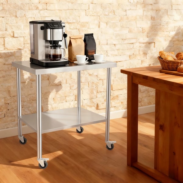 Rustfrit stål arbejdsbord - 2-niveau rullebord - 76×60×85 cm - 300 kg bæreevne - Låsehjul - 5 cm bordplade - Armygrøn