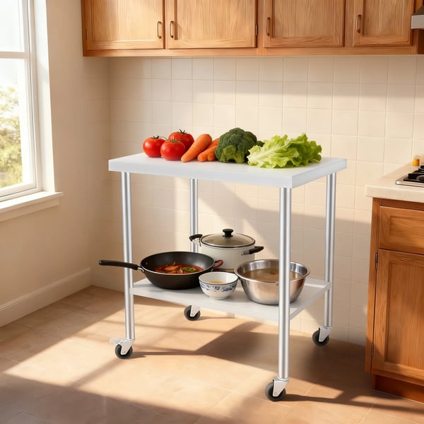 Rustfrit stål arbejdsbord - 2-niveau rullebord - 76×60×85 cm - 300 kg bæreevne - Låsehjul - 5 cm bordplade - Armygrøn