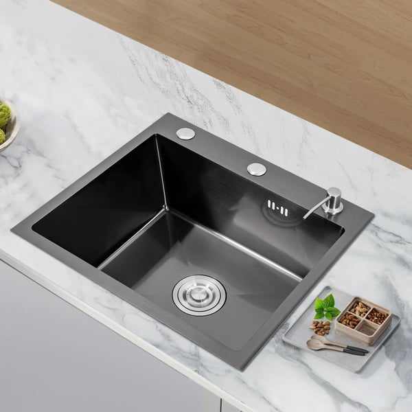 Køkkenvask i rustfrit stål 201 - Undermonteret enkeltvask - 50×45×20 cm - Uden armatur - Sæbedispenser 200 ml - Sort