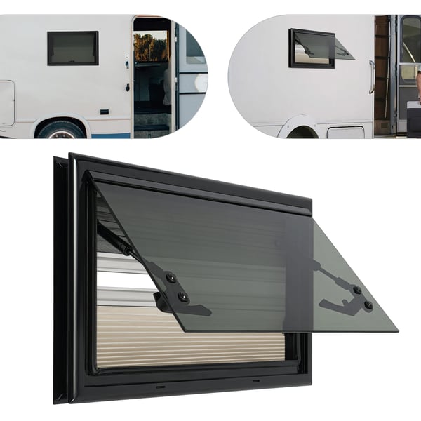 Autocamper/Campingvogn Vindue - Udslagsvindue - Med Insektnet - Til Camper/RV - 53,8 x 33,8 cm - Sort