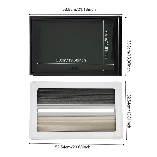 Autocamper/Campingvogn Vindue - Udslagsvindue - Med Insektnet - Til Camper/RV - 53,8 x 33,8 cm - Sort