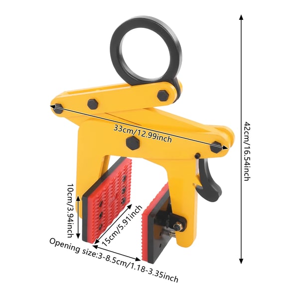 Plade løfteklemme - Stenpladeløfter - 390 kg kapacitet - Justerbar kæbeåbning 0–15 mm - Til sten/betonplader - Gul