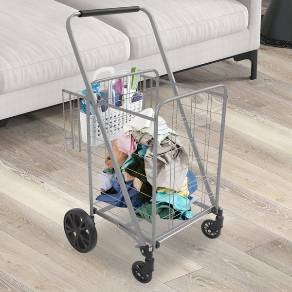 Indkøbsvogn - Dobbelt model - Rustbeskyttet - Bæreevne 50 kg - Stor kurv 52×40×49 cm - Højde 1,04 m - Sølv
