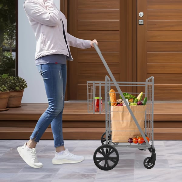 Indkøbsvogn - Dobbelt model - Rustbeskyttet - Bæreevne 50 kg - Stor kurv 52×40×49 cm - Højde 1,04 m - Sølv