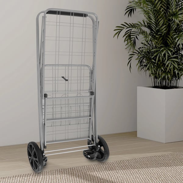 Indkøbsvogn - Dobbelt model - Rustbeskyttet - Bæreevne 50 kg - Stor kurv 52×40×49 cm - Højde 1,04 m - Sølv