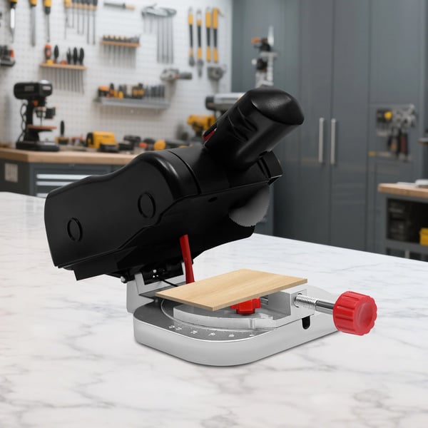 Mini bord kap-/geringssav - 90 W - 6000 omdr./min - 45° geringssnit - Snit metal 4–10 mm, ikke-metal (træ/plast) 12 mm - 2 klinger - DC - Sort