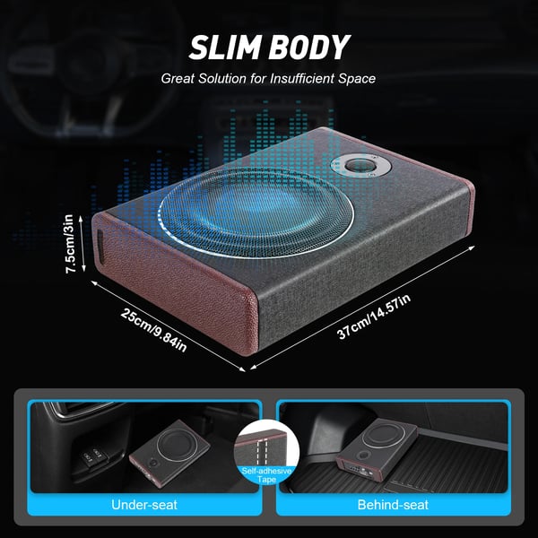 Bilsubwoofer - Aktiv basboks - 20,3 cm - 600 W - Ultraslank og kompakt - Kraftig bas - Sort