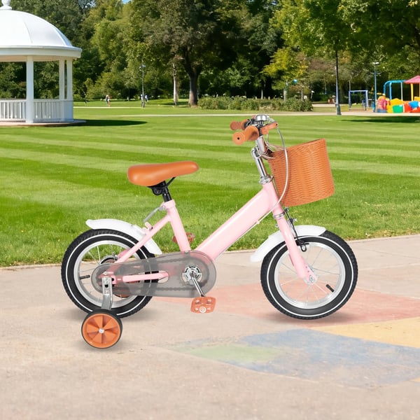 Juniorcykel - Træningscykel 30 cm med støttehjul - Kulstofstålramme - Bagsuspension - Fælgbremse - 2–4 år - 40 kg - Pink