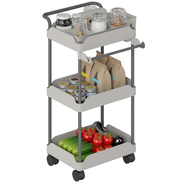 Serveringsvagn - Köksvagn på hjul - 3 nivåer, avtagbara korgar, hjul med broms, handdukshållare, robust metallram, montering krävs - Grå
