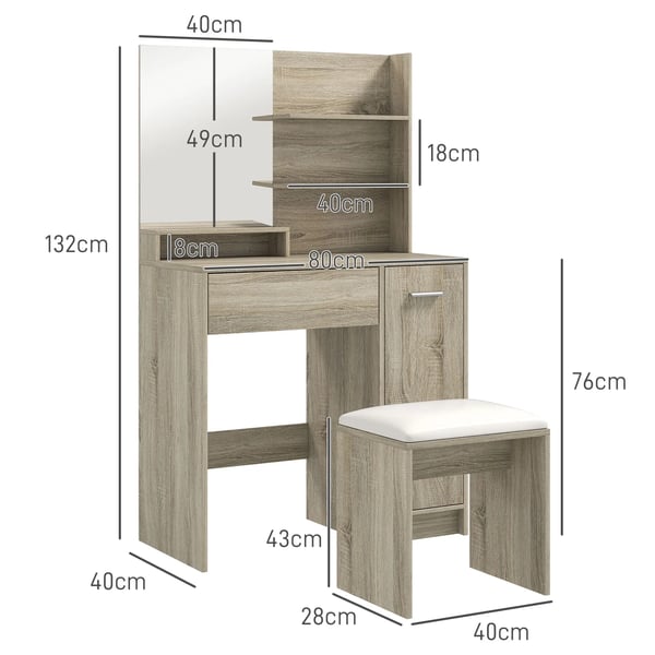 Sminkbord - Toalettbord - Med Spegel - Med Pall - Öppna Hyllor - Låda - Justerbar Hylla - Tippningsskydd - Naturträ