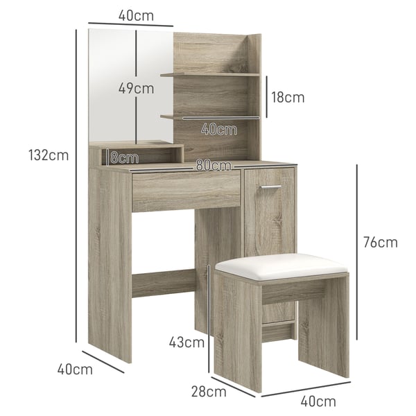 Sminkbord - Toalettbord - Med Spegel - Med Pall - Öppna Hyllor - Låda - Justerbar Hylla - Tippningsskydd - Naturträ