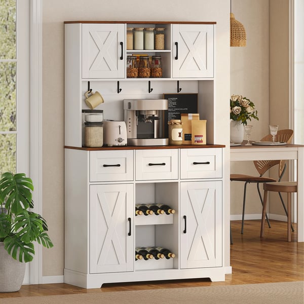 Högt köksskåp - Skafferiskåp - Vinställ för 8 flaskor - 4 dörrar & 3 lådor - Stor bänkskiva, 4 krokar & kabelhål - 100×38×172 cm - Vit