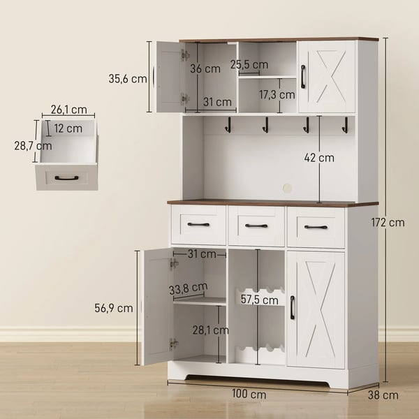 Högt köksskåp - Skafferiskåp - Vinställ för 8 flaskor - 4 dörrar & 3 lådor - Stor bänkskiva, 4 krokar & kabelhål - 100×38×172 cm - Vit