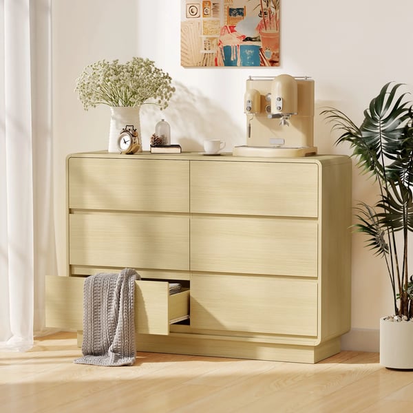 Sideboard - Byrå med 6 lådor - Rundade kanter - För vardagsrum - Montering krävs - 120×38×86 cm - Naturträ