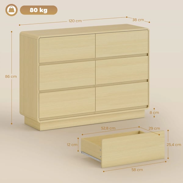 Sideboard - Byrå med 6 lådor - Rundade kanter - För vardagsrum - Montering krävs - 120×38×86 cm - Naturträ