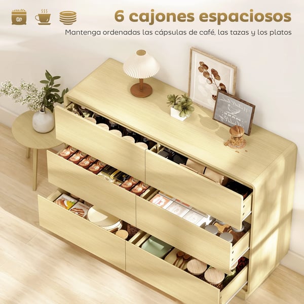 Sideboard - Byrå med 6 lådor - Rundade kanter - För vardagsrum - Montering krävs - 120×38×86 cm - Naturträ