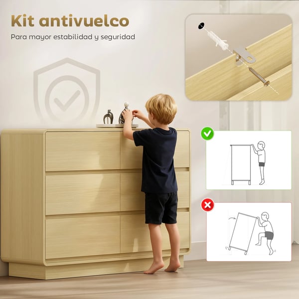 Sideboard - Byrå med 6 lådor - Rundade kanter - För vardagsrum - Montering krävs - 120×38×86 cm - Naturträ