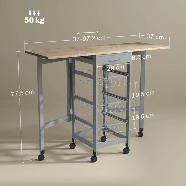 Köksvagn/Serveringsvagn - Fällbara sidoklaffar - På hjul - Låda och grönsakshylla - 3 metallkorgar - Montering krävs - Grå