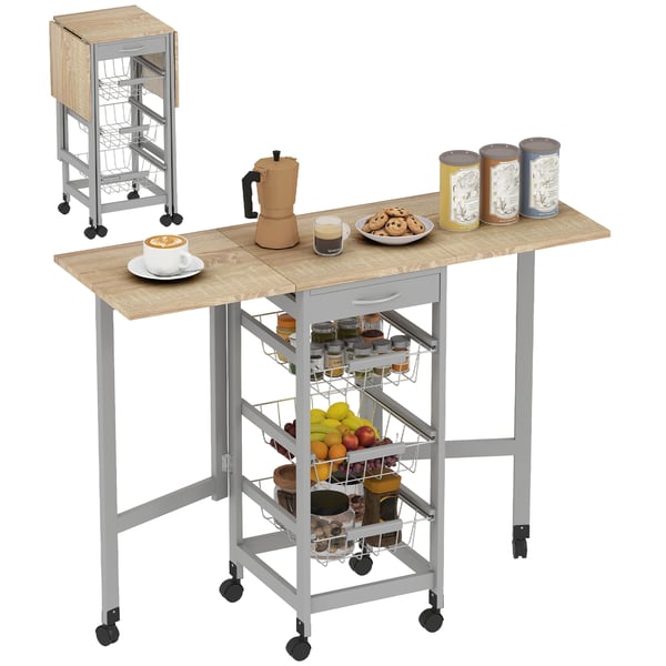 Köksvagn/Serveringsvagn - Fällbara sidoklaffar - På hjul - Låda och grönsakshylla - 3 metallkorgar - Montering krävs - Grå
