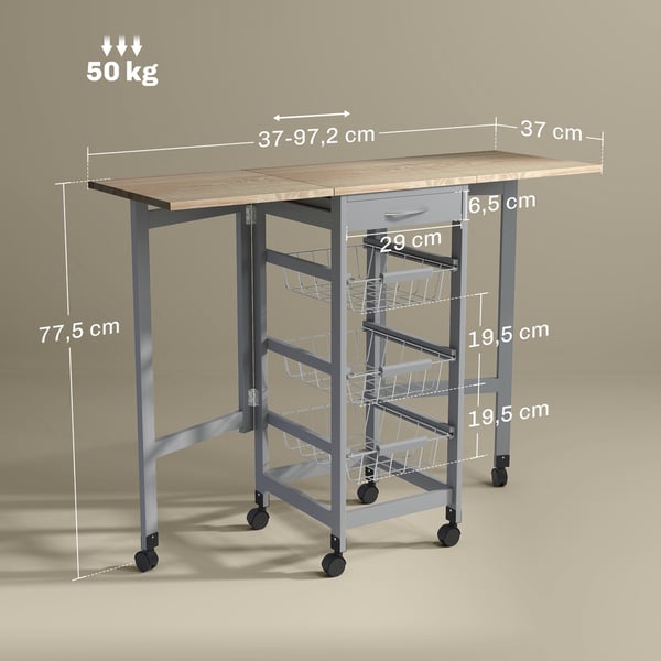 Köksvagn/Serveringsvagn - Fällbara sidoklaffar - På hjul - Låda och grönsakshylla - 3 metallkorgar - Montering krävs - Grå