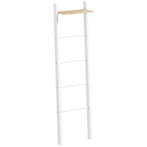 Handduksstege - Handdukshylla - Med topphylla och 4 stänger - Vägglutande - Stål - 43 x 20 x 151 cm - Badrum - Vit och ek