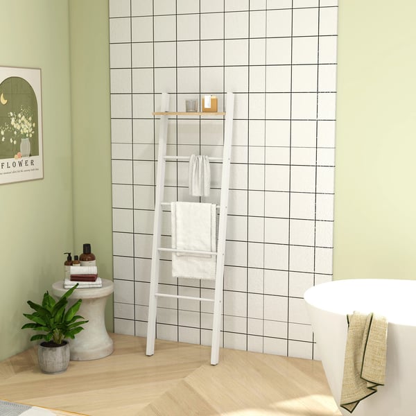 Handduksstege - Handdukshylla - Med topphylla och 4 stänger - Vägglutande - Stål - 43 x 20 x 151 cm - Badrum - Vit och ek
