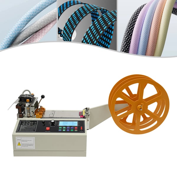 Båndskæremaskine - Automatisk bånd- og remskærer - Til nylon- og flettede bånd - Skærebredde 1–98 mm - Tykkelse op til 6 mm - Bakke Ø 38 cm - Hvid