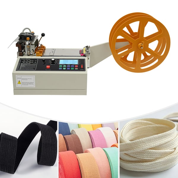Båndskæremaskine - Automatisk bånd- og remskærer - Til nylon- og flettede bånd - Skærebredde 1–98 mm - Tykkelse op til 6 mm - Bakke Ø 38 cm - Hvid