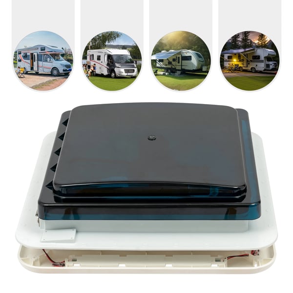 Autocamper/Caravan Tagventilator - 28×28 cm 12V blæser - Rustfrit stål, LED-lys, 33 dB, 10 blade, 30 m³/min, 3,6 W - Sort