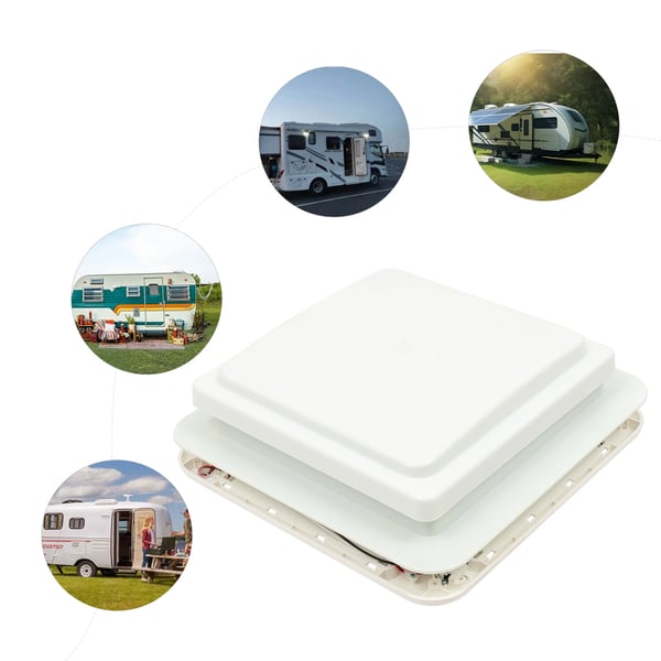 Matkailuauto/Asuntovaunu - Kattotuuletin - 28×28 cm - 12V 3,6W - 30 m³/min Ilmavirta - 33 dB Hiljainen - LED-valo - Ruostumaton Teräs - Valkoinen
