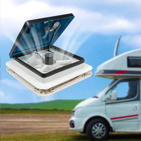 Matkailuauto/Asuntovaunu - Kattotuuletin - 28×28 cm - 12V 3,6W - 30 m³/min Ilmavirta - 33 dB Hiljainen - LED-valo - Ruostumaton Teräs - Valkoinen